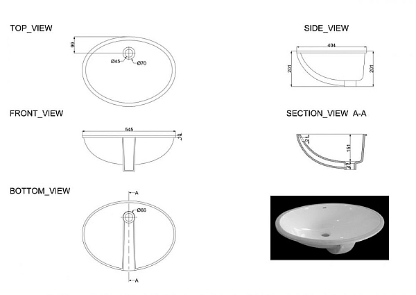 1610136 OVALE Раковина під стільницю без донного клапана 545х400х200 (1 сорт) - Фото - 2