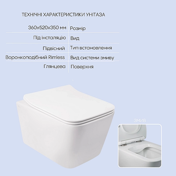 Готовое решение Qtap для ванной комнаты: подвесной унитаз Crow Rimless 520х360х290 + комплект инсталляции Nest 4 в 1 (квадратная клавиша Satin) - Фото - 3