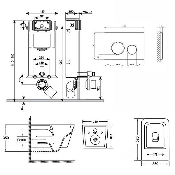 Готовое решение Qtap для ванной комнаты: подвесной унитаз Crow Rimless 520х360х290 + комплект инсталляции Nest 4 в 1 (круглая клавиша Satin) - Фото - 2