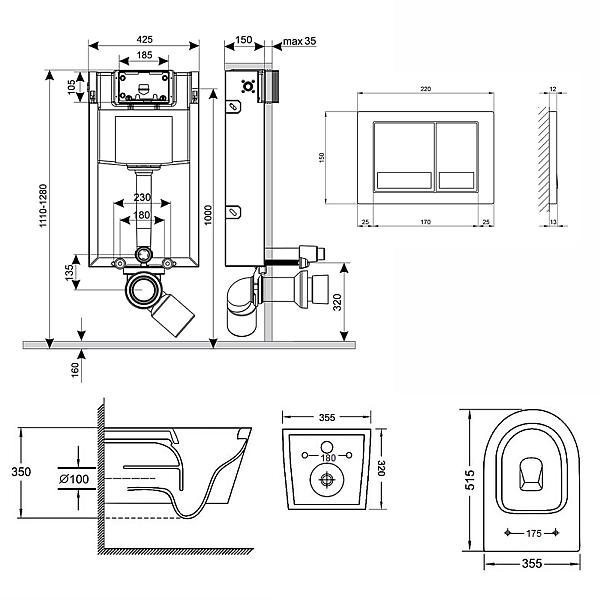 Готове рішення Qtap для ванної кімнати: підвісний унітаз Swan Rimless 520х360х320 + комплект інсталяції Nest 4 в 1 (квадратна клавіша Satin) - Фото - 2