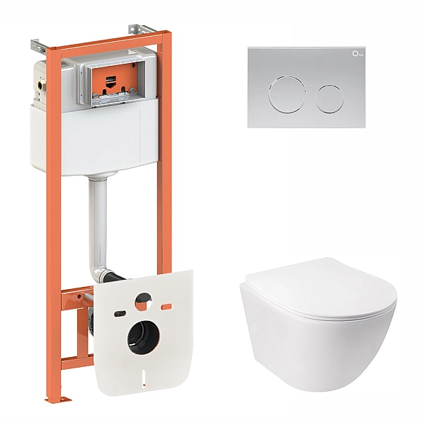 Готове рішення Qtap для ванної кімнати: підвісний унітаз Jay Rimless 520х360х320 + комплект інсталяції Nest 4 в 1 (кругла клавіша Satin)