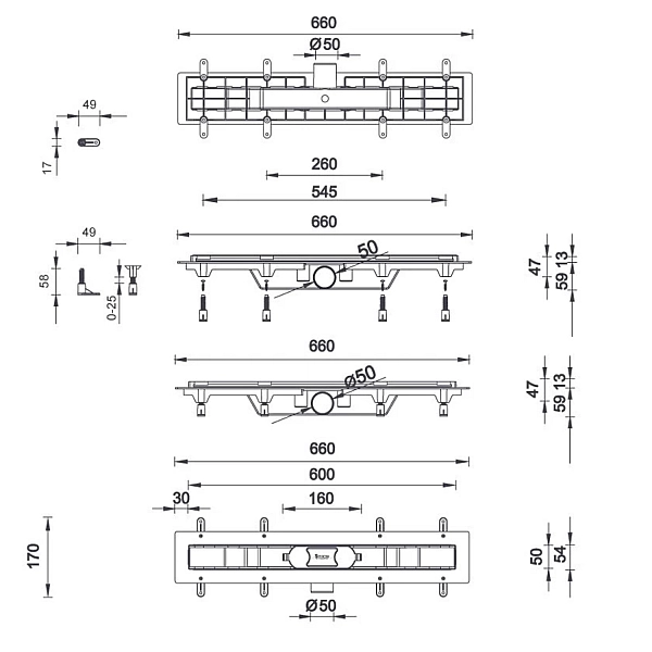 STY-SI-60-FF Душовий канал з полірованою решіткою 600 мм SINUS  з сухим сифоном, чорний (1 сорт)
