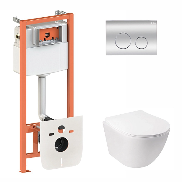 Готовое решение Qtap для ванной комнаты: подвесной унитаз Jay Rimless 520х360х320 + комплект инсталляции Nest 4 в 1 (круглая клавиша Chrome)