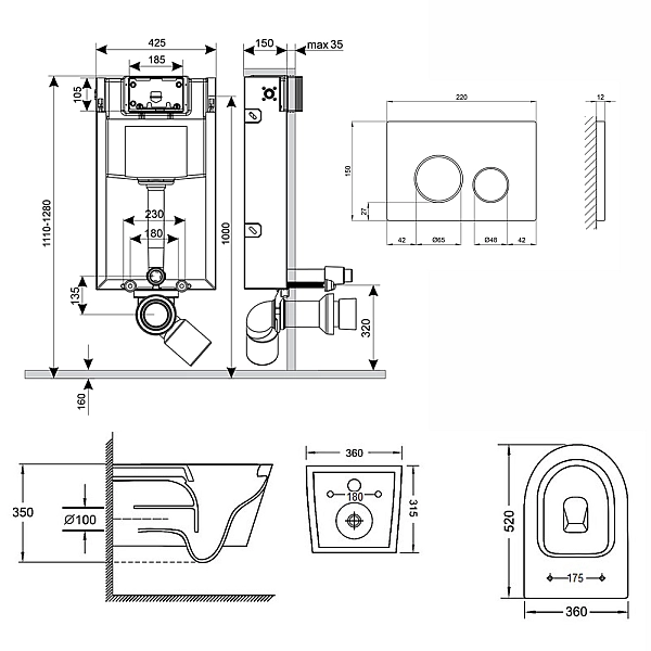 Готовое решение Qtap для ванной комнаты: подвесной унитаз Jay Rimless 520х360х320 + комплект инсталляции Nest 4 в 1 (круглая клавиша Black mat) - Фото - 2
