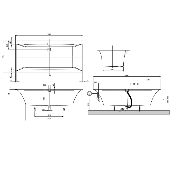 uBQ190SQE2DV-01 SQUARO EDGE 12 Ванна 190х90см, білий (1уп) (1 сорт) - Фото - 6