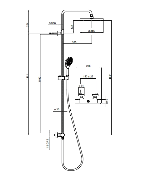 L10172 030 ELIOS Душова система з термостатом, верхнім та ручним душем зі шлангом, хром (1 сорт) - Фото - 3