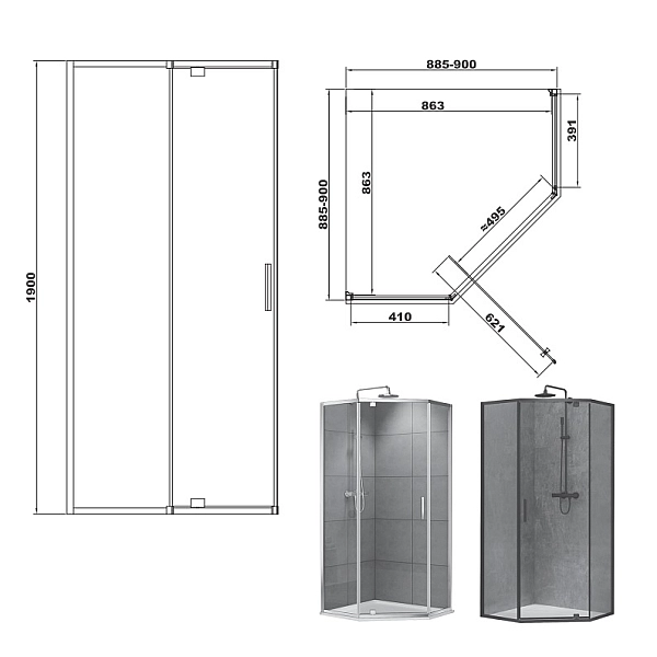 FEN0140B ART 2.0 Кабіна душова, п'ятикутна, розпашна, колір - чорний матовий, 900*900, без піддона, скло прозоре (1 сорт) - Фото - 2