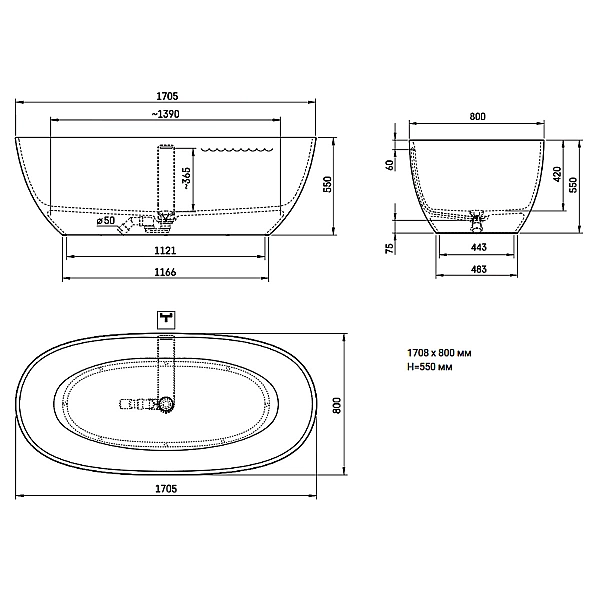 VABELS/00 BELLA Ванна окремостояча 170*80 см з литого (штучного) каменю Silkstone, з інтегрованим сифоном, білий матовий (1 сорт) - Фото - 7