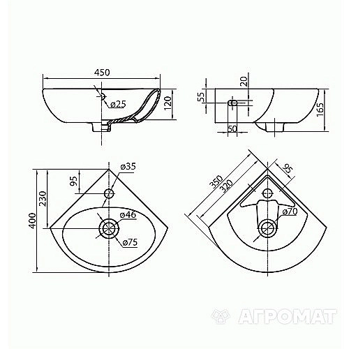 L82735000 RUNA Раковина кутова 35 см, 3 1 отв.під зміш., з переливом, білий глянець (1 сорт)