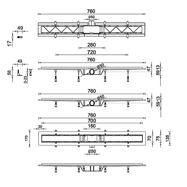 STY-M-70 Душовий канал із полірованою решіткою 700 мм Медіум із сухим затвором (1 сорт) - Фото - 2