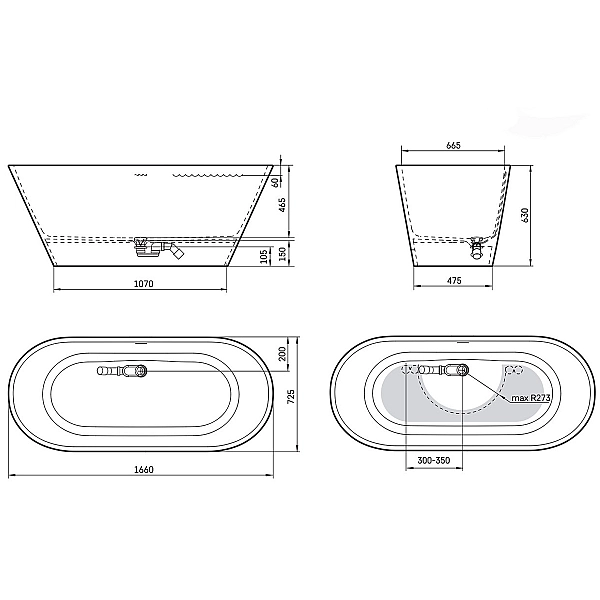 17070130W Style Ванна окремостояча 166x72,5 см з литого (штучного) каменю Caststone, з інтегрованим сифоном, колір білий глянець (1 сорт) - Фото - 2