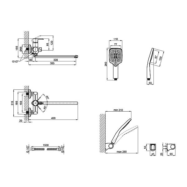 Смеситель для ванны Qtap Grand с поворотным изливом (c душевым гарнитуром) QTGRABCR005 Chrome/Black - Фото - 2