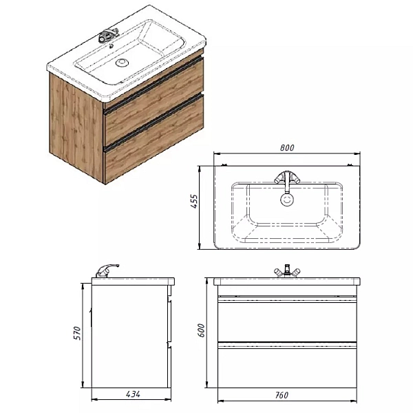 753080O FRAME Тумба натуральний дуб 80см з раковиною та сифоном (1 сорт) - Фото - 5