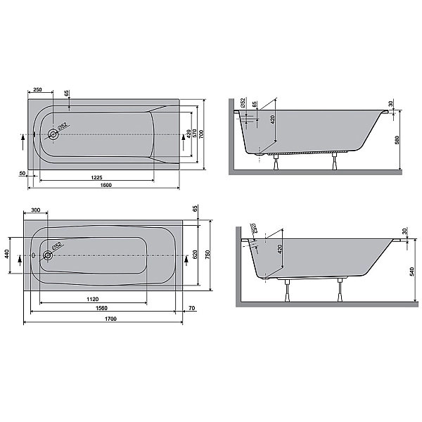 HAR16070 Harmony Ванна 160x70 см + ніжки, біла (1 сорт) - Фото - 2