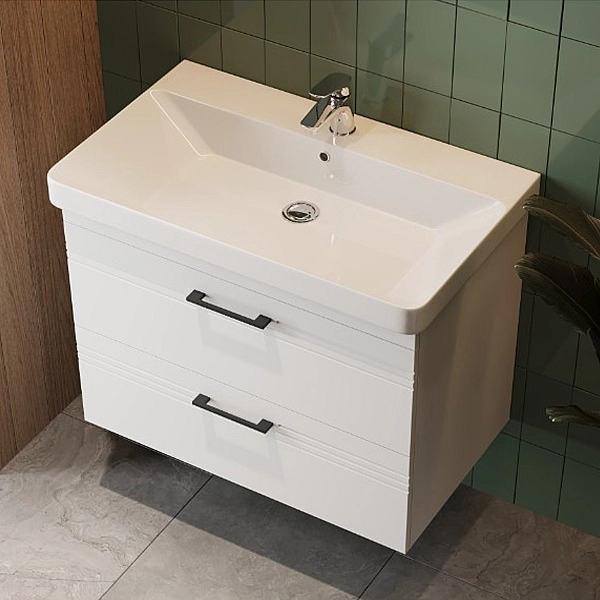 454080W Urbanis Тумба 80 см з раковиною та чорними ручками, біла (1 сорт)