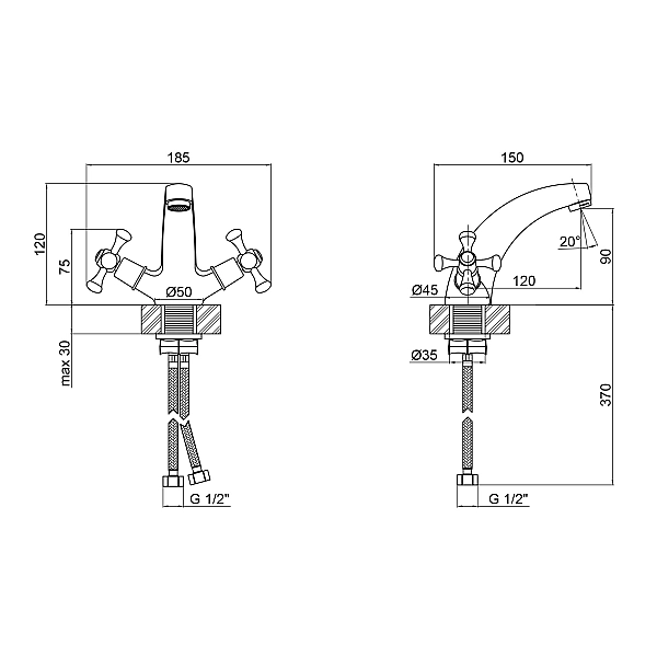 Змішувач для раковини Lidz Lamb 161F двохвентильний LDLAM161FCRM35446 Chrome - Фото - 2