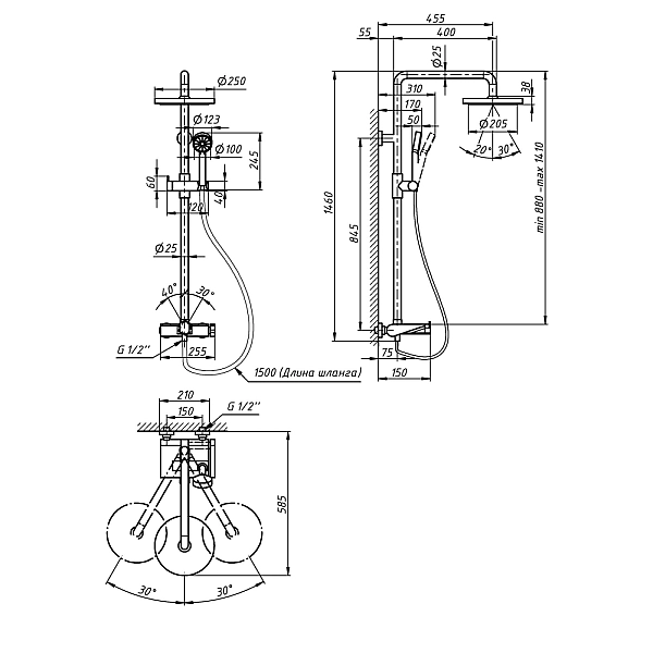 Душевая система универсальная Qtap Sloup на три потребителя (с изливом) c полочкой QTSL51105OGB Black Matt - Фото - 2