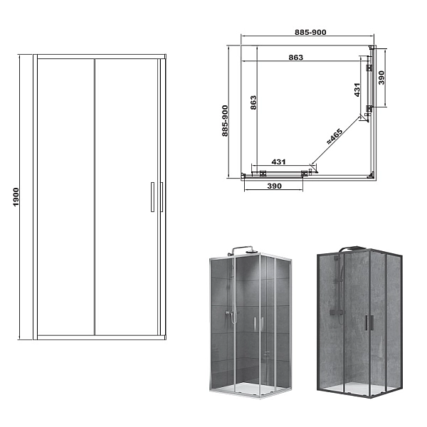 FEN2140B ART 2.0 Кабіна душова, квадратна, розсувна, колір - чорний матовий, 900*900, без піддона, скло прозоре (1 сорт) - Фото - 2