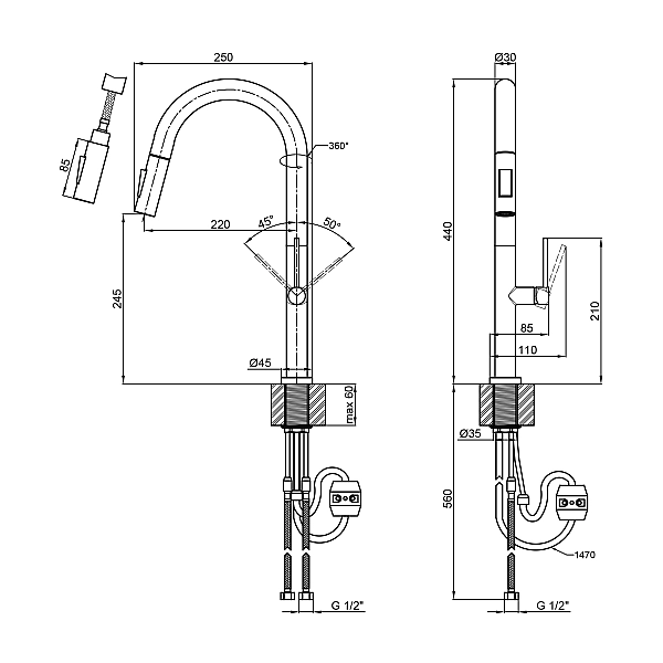 Смеситель для кухни Qtap Lenicka с выдвижным изливом QTLEN9138103UN Brushed Nickel PVD - Фото - 2