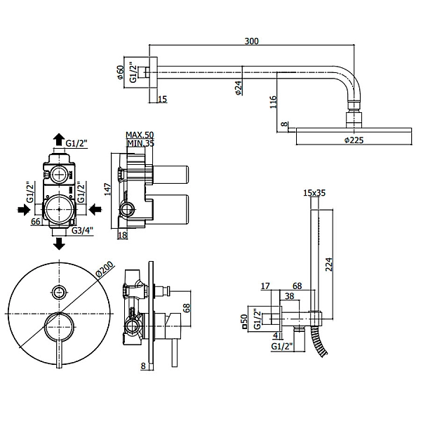 KITLIG015NO  LIGHT Комплект душової системи, внутрішній монтаж, чорний (1 сорт) - Фото - 2