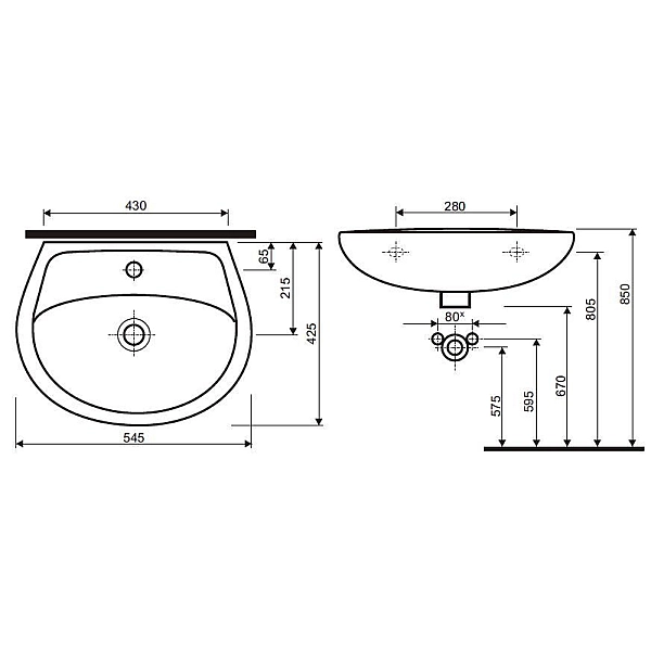 M1115500U IDOL Раковина 55см, з 1 отв.під зміш., з переливом, білий глянець (1 сорт) - Фото - 3