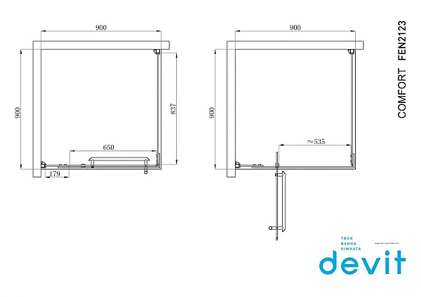 FEN2123 COMFORT Кабіна душова, квадр., 90х90, без піддона, скло прозоре (1 сорт) - Фото - 2