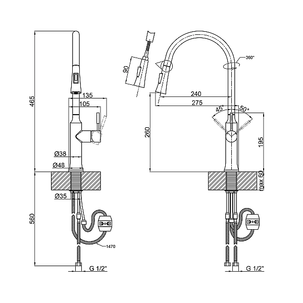 Смеситель для кухни Qtap Baruska с выдвижным изливом QTBAR9137103UB Black Matt - Фото - 2