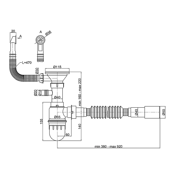 Сифон для кухонної мийки Lidz (GRA) 47 01 003 01 з круглим переливом (вихід 50/40мм) - Фото - 2