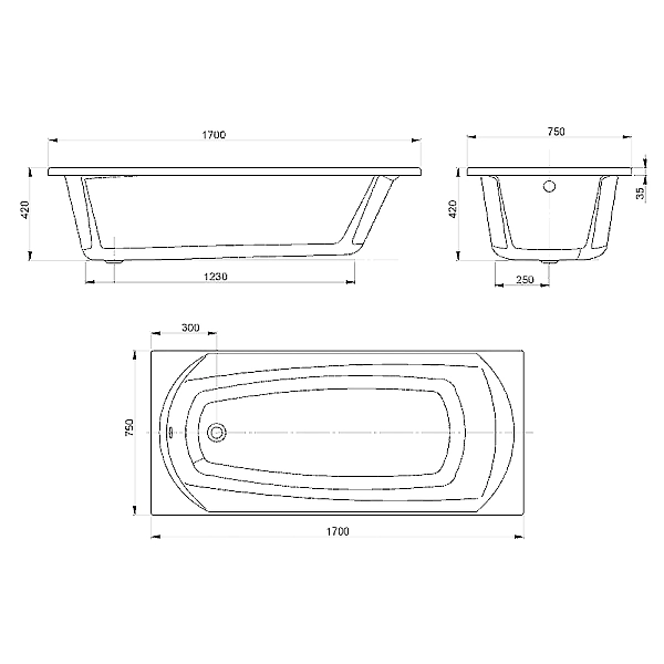 17075130N SIGMA Ванна 170х75 см, з ніжками та кріпл. панелі (3уп) (1 сорт)