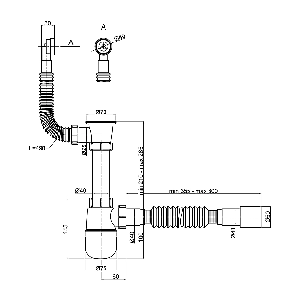 Сифон для кухонної мийки Lidz (WHI) 60 08 E004 00 з круглим переливом (вихід 50 мм) - Фото - 2
