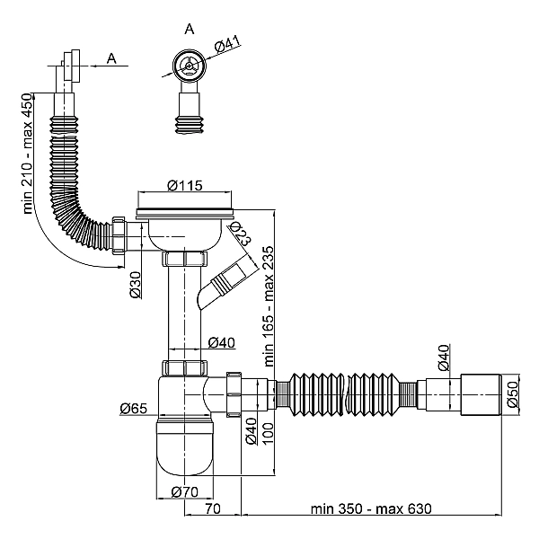 Сифон для кухонної мийки Lidz (WHI) 60 08 E001 01 ECO з круглим переливом (вихід 50 мм) - Фото - 2