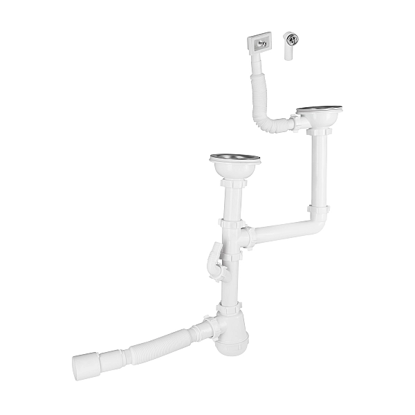 Сифон подвійний для кухонної мийки Lidz (WHI) 60 05 M003 00 з відводом для пральної машини (вихід 50 мм) - Фото - 3