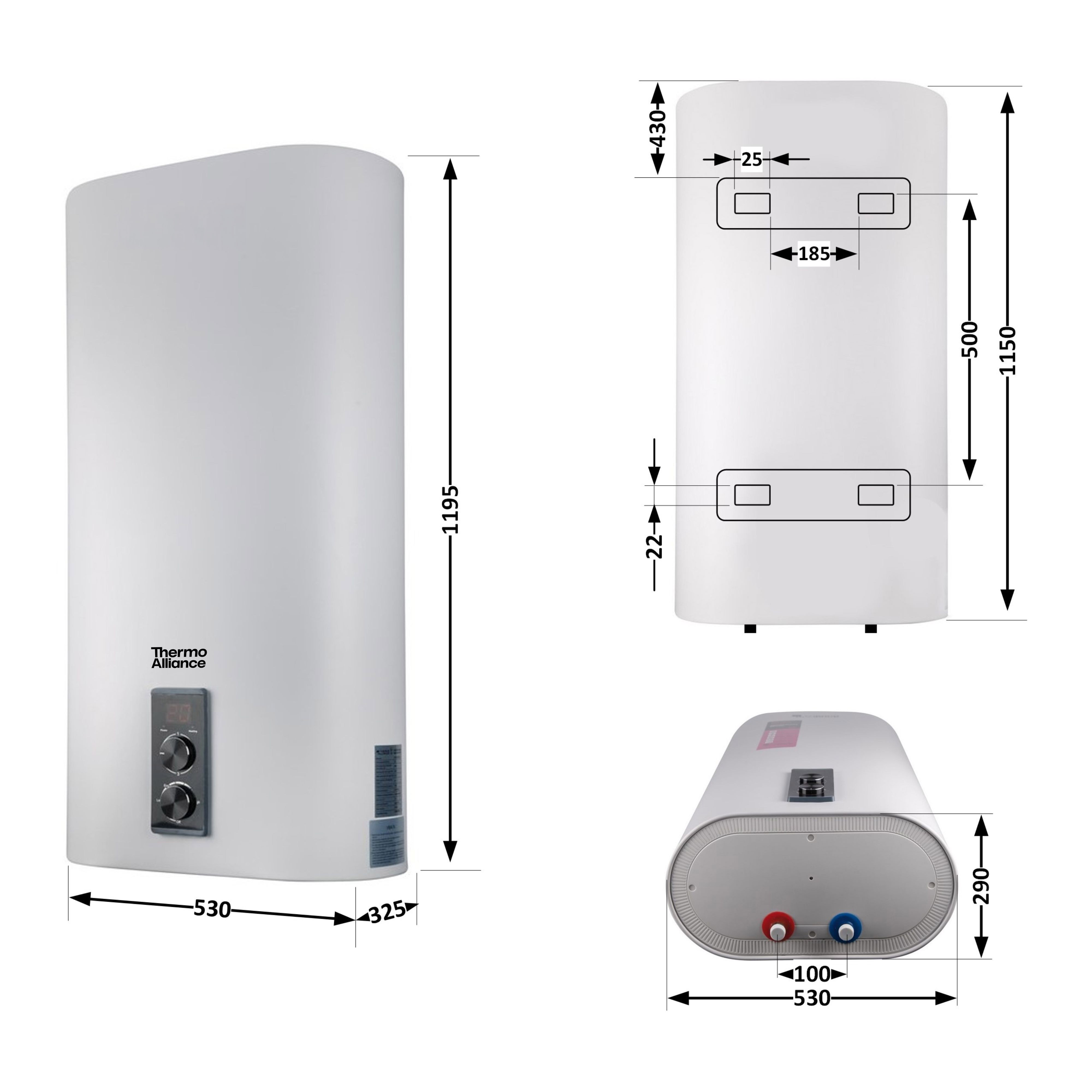 Водонагрівач електричний Thermo Alliance 100 л  плоский вертикальний, сухий ТЕН 2 кВт (0,8+1,2) DT100V20G(PD)-D/2 - Фото - 3