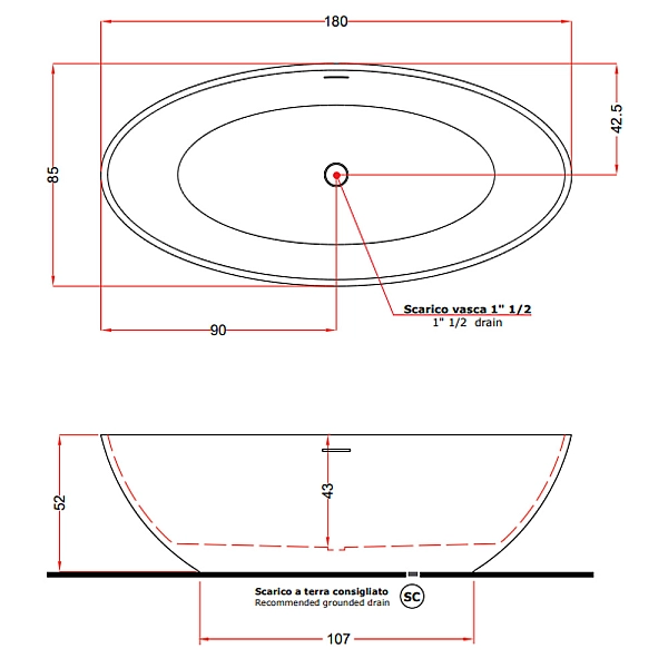 V308BO/V3080XBO800S CAREZZA Ванна зі штучного каменю 180 x 85 x 52h, білий матовий (1 сорт) - Фото - 4