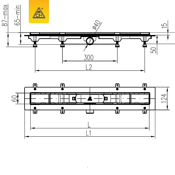 CH 650 KC Душовий канал 650 мм чорний з матовою решіткою Класік та Під плитку, горизонтальний фланець, горизонтальний випуск DN40, 650мм (1 сорт) - Фото - 3