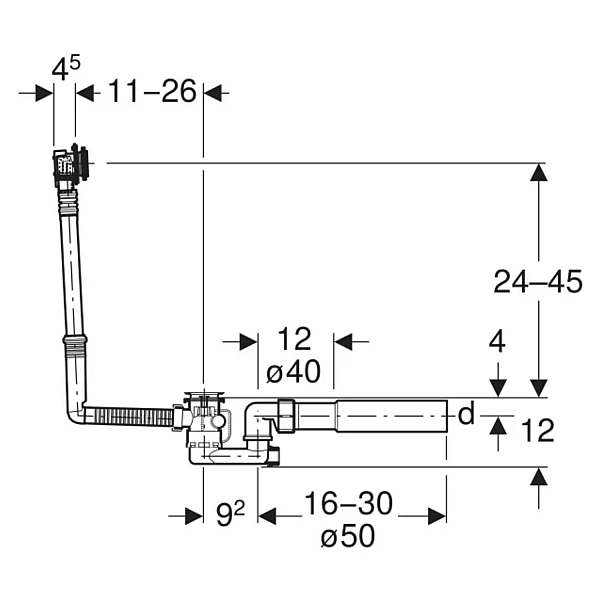 150.700.00.6 Злив-перелив для ванни з поворотним механізмом і підводом, наповнення через перелив, d52, довжина 26 см, з фановим відводом d40/50мм (1 сорт) - Фото - 2