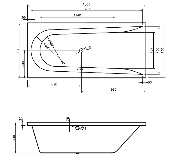 Ванна Boomerang  1800x800 посилений борт, з ніжками, злив по центру (1 сорт) - Фото - 2