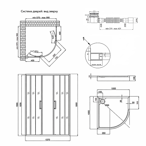 Набор Qtap душевая кабина Taurus CRM1011AC6 Clear 2020x1000x1000 мм + поддон Robin 301112 100x100x12 см с сифоном - Фото - 2
