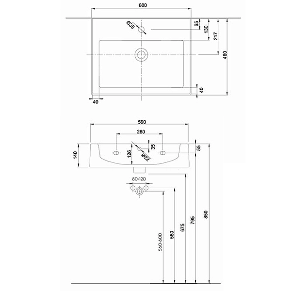 L51160000 TWINS Умивальник прямокутний 60см, з отв., 60 x 46см (1 сорт) - Фото - 3