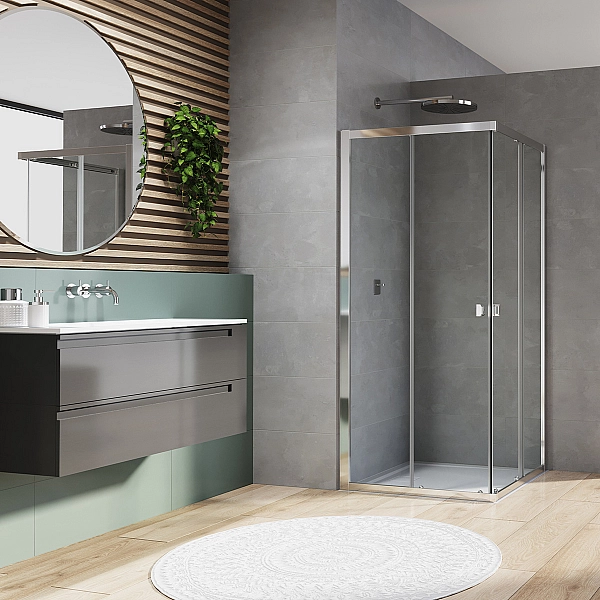 D20SE21004007 Arelia Душова кабіна з розсувними дверима, 1000х1000 мм,  кутовий вхід, скло прозоре, проф.срібний полір. (1 сорт) - Фото - 2
