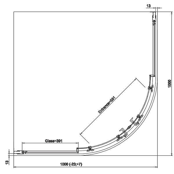 D20SR551004007 Arelia Душова кабіна 1/4 кола, 1000х1000мм, скло прозоре, проф.срібний полір. (1 сорт) - Фото - 2