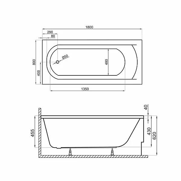 CLAS18080 CLASSIC Ванна 180x80 см + ніжки (1 сорт) - Фото - 4