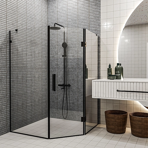 SE0240B ART 3.0 Душова кабіна, п'ятикутна, розпашна, 1000*1000 мм, без піддона, скло прозоре, чорна матова (1 сорт) - Фото - 3