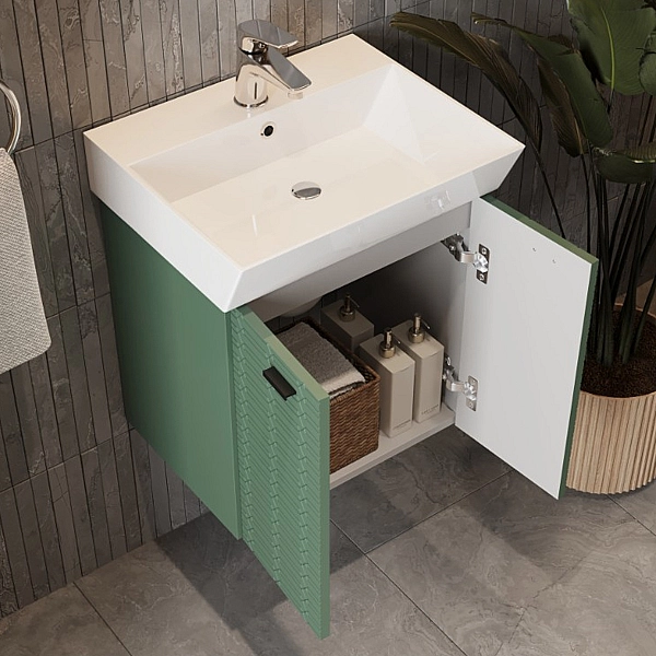484050E Flow Тумба 50 з умивальником та ручками, смарагдовий матовий (1 сорт) - Фото - 7