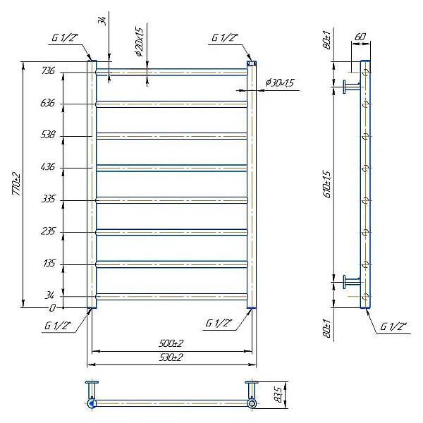 1.8.044565.P Рушникосушка INOX Флет 770х530/500, полірована нержавійка (1 сорт) - Фото - 3