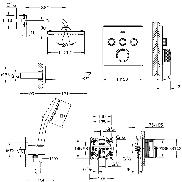 UA26415SC6  Grohtherm SmartControl Набір для комплектації душу, 3 споживачі (1 сорт) - Фото - 10