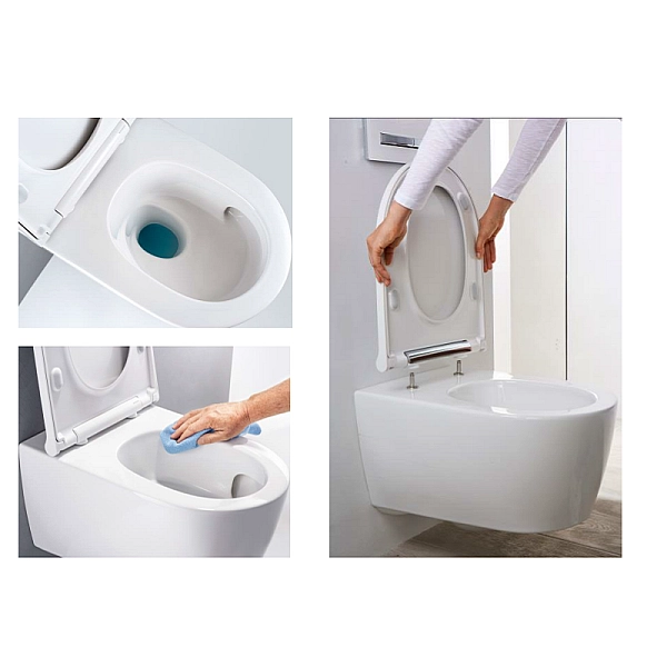 500.201.01.1 Підвісний унітаз Geberit ONE, без обідка, воронкоподібний змив TurboFlush, прих.кріплення, декор накладка біла, захисне покриття KeraTect: в комплекті з кришкою Duroplast, швидкоз'ємні петлі, SoftClose та із звукоізолюючою прокладкою (1 сорт) - Фото - 6