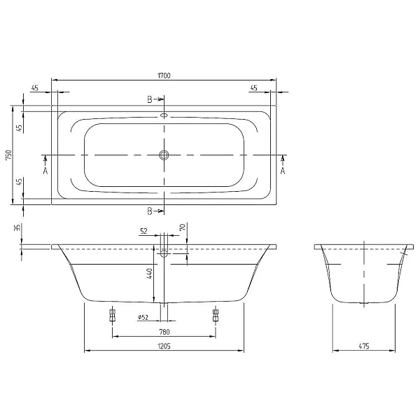 UBA170FRA2V-01 Targa Ванна 170x75см, білий (1 сорт)