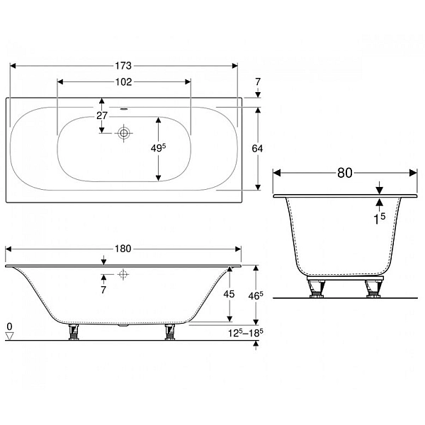 554.004.01.1 Soana Ванна прямокутна 180x80см, тонкий край, злив та перелив по центру, з ніжками, колір білий (1 сорт) - Фото - 4