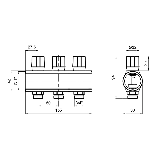 Колектор Icma з регулювальними вентилями 1" 3 виходи №1105 (Red) - Фото - 2